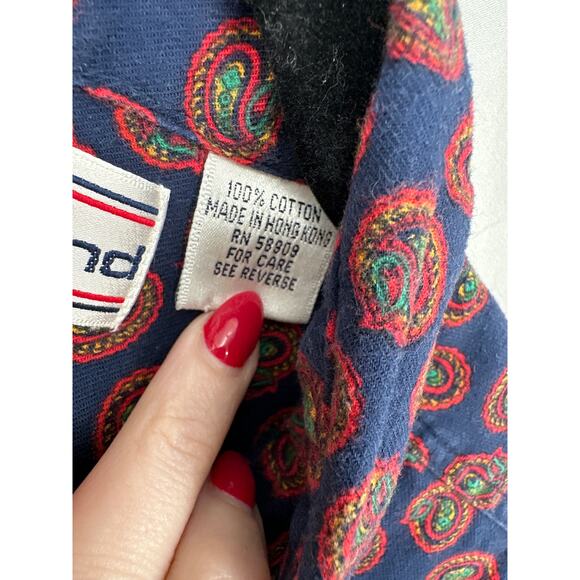 70s Vintage Top Womens Medium Navy Blue Paisley Red Button Boho Cotton - Picture 4 of 7